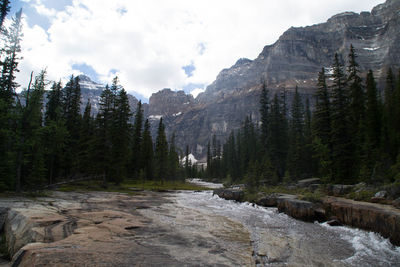 Scenic view of river against cloudy sky