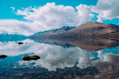 Scenic view of lake by snowcapped mountain against sky