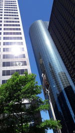 Low angle view of skyscrapers against clear blue sky