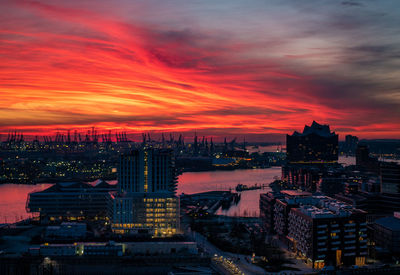 High angle view of illuminated buildings against sky during sunset