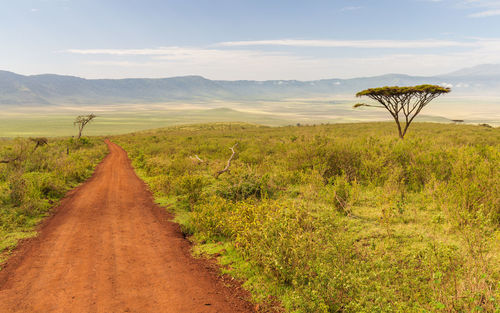 Dirt road along landscape and mountains against sky