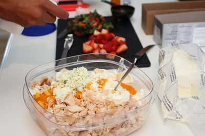 High angle view of person preparing food