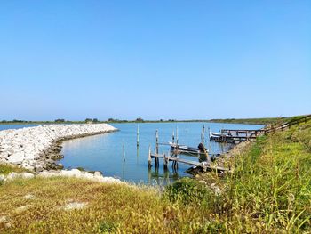 Scenic view of river against clear blue sky