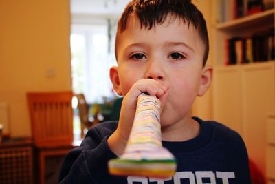 Portrait of boy holding ice cream at home