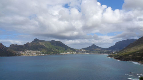 Panoramic view of sea and mountains against sky