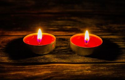 Close-up of lit candles on table