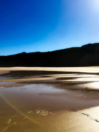 View of beach against clear blue sky