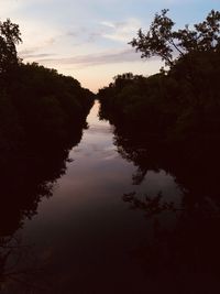 Reflection of trees in lake against sky during sunset