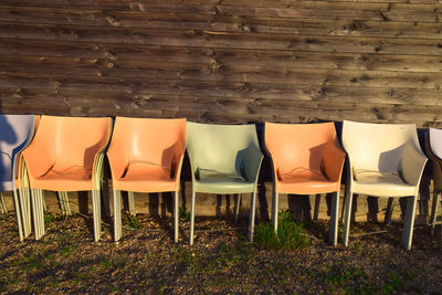 Empty chairs and tables in restaurant