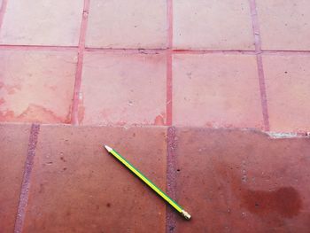 High angle view of leaf on tiled floor