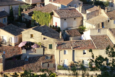 High angle view of houses in town