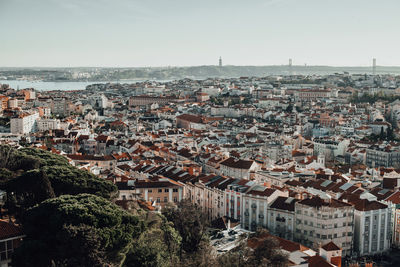 Aerial panoramic wide angle view of lisbon: tiled roofs, river