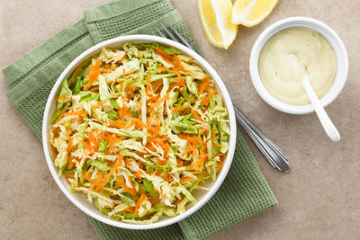 High angle view of food in bowl on table