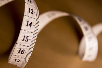 High angle view of tape measure on table