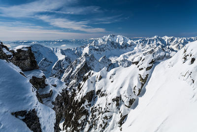 Scenic view of snow covered mountains against sky