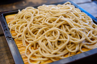 High angle view of noodles in plate on table