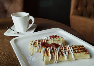 High angle view of breakfast served on table