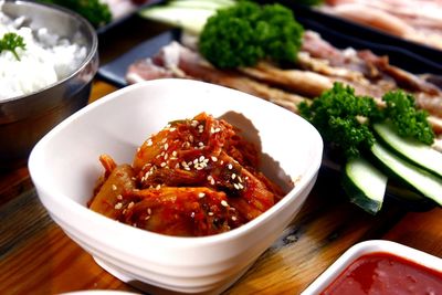 High angle view of food served in bowl on table