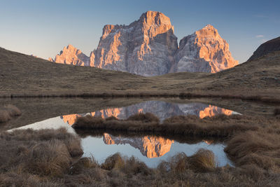 Scenic view of lake and mountains against sky