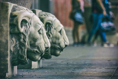 Close-up of lion sculptures on sidewalk