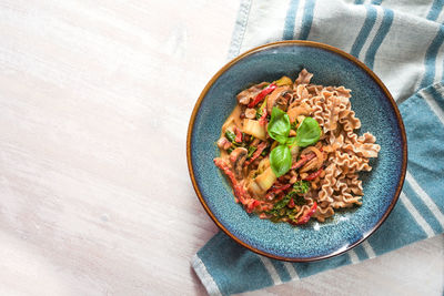 High angle view of food in bowl on table