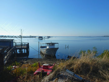 Scenic view of sea against clear blue sky