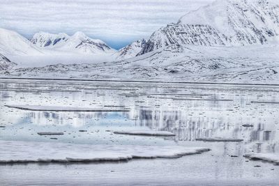 Scenic view of frozen lake against snowcapped mountain