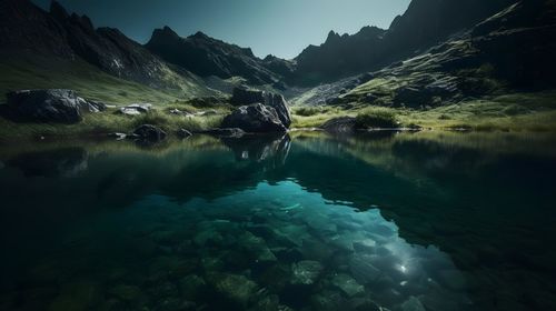 Scenic view of lake and mountains against sky