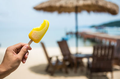 Cropped hand holding ice pop at beach