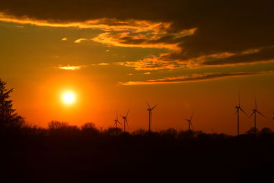 Silhouette of wind turbines during sunset