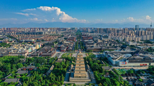 High angle shot of townscape against sky