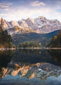 Scenic view of lake and mountains against sky