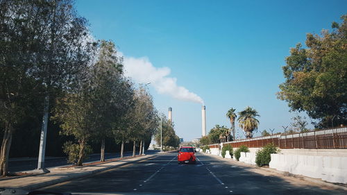 Rear view of woman on road amidst trees against sky