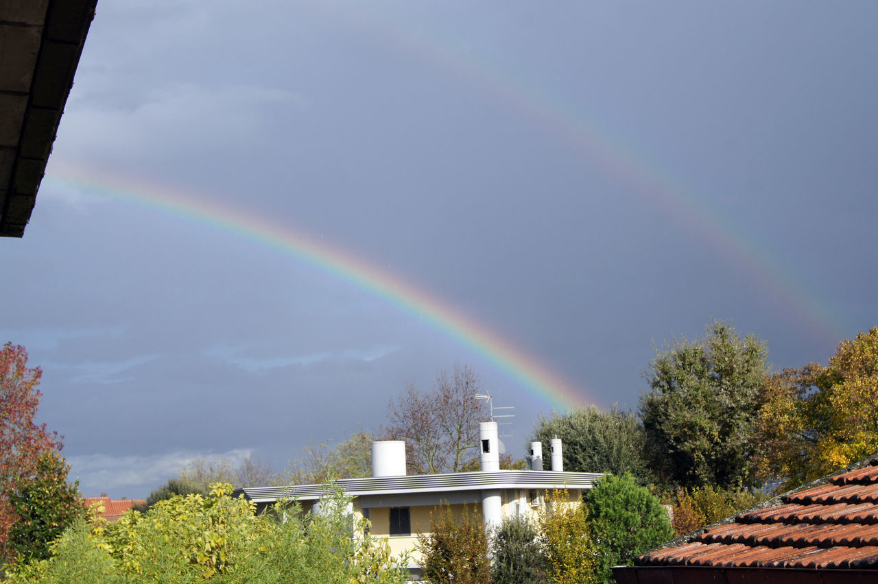 LOW ANGLE VIEW OF RAINBOW OVER TREES AND BUILDINGS AGAINST SKY