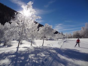 Person skiing on snowcapped landscape during winter