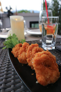 Close-up of food served on table