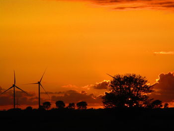 Silhouette of wind turbines at sunset