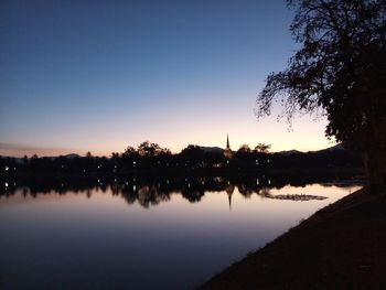 Scenic view of lake against sky at sunset