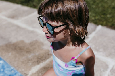 High angle view of woman wearing sunglasses