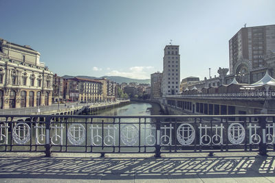 Bridge over river against buildings in city