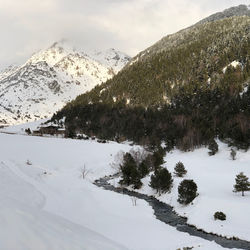 Scenic view of snow covered mountains against sky