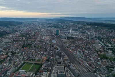 High angle view of townscape against sky during sunset