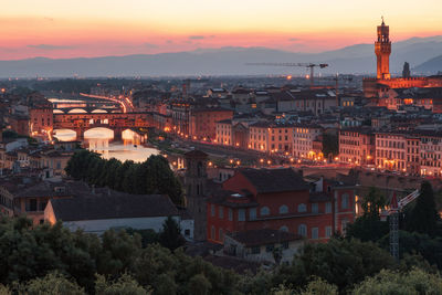 Panorama of the city at twilight,view from piazzale michelangelo to river arno and numerous bridges 