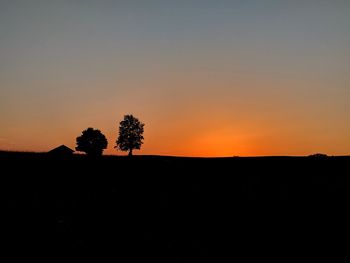 Silhouette trees on field against sky during sunset