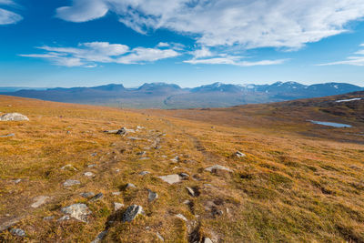 Lapponian gate, famous mountain pass in the swedish arctic in beautiful autumn colors on a sunny day