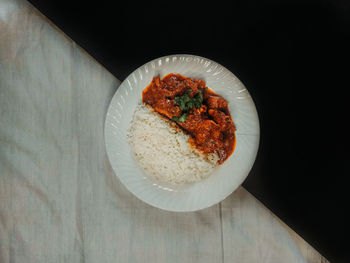 High angle view of meal served on table