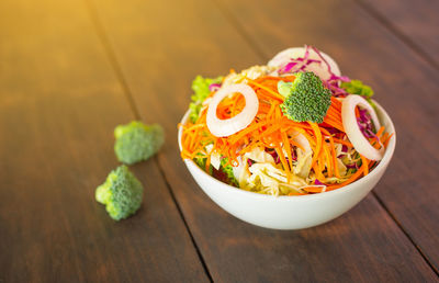 High angle view of salad in bowl on table