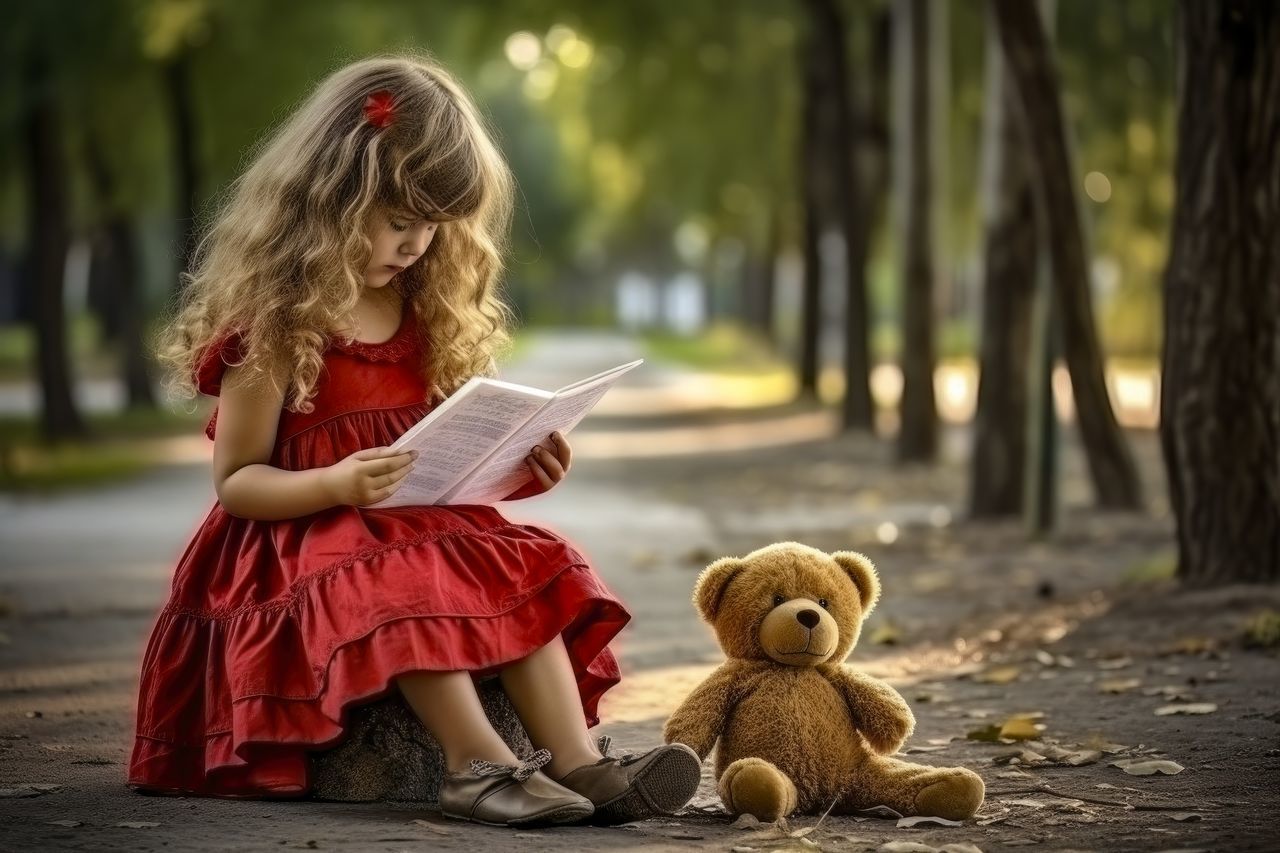 childhood, child, women, female, sitting, one person, teddy bear, toy, full length, blond hair, toddler, person, cute, hairstyle, nature, emotion, publication, reading, innocence, stuffed toy, tree, book, dress, holding, red, footwear, long hair, loneliness, clothing, learning, fashion, outdoors, sadness, autumn, solitude, education, lost