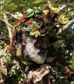 Close-up of senior man covered with plants in forest