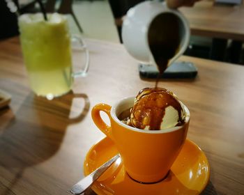 Close-up of breakfast served on table